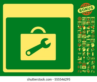 Toolbox Calendar Page icon with bonus calendar and time management symbols. Vector illustration style is flat iconic symbols, orange and yellow, green background.