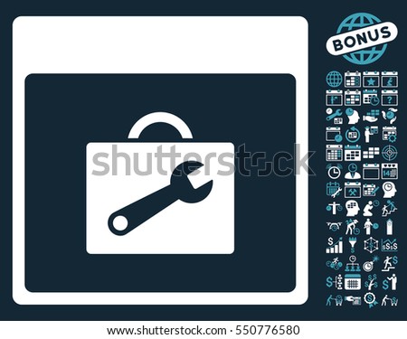 Toolbox Calendar Page icon with bonus calendar and time management graphic icons. Vector illustration style is flat iconic symbols, blue and white, dark blue background.