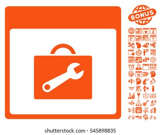 Toolbox Calendar Page pictograph with bonus calendar and time management symbols. Vector illustration style is flat iconic symbols, orange, white background.