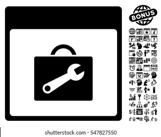 Toolbox Calendar Page pictograph with bonus calendar and time management images. Vector illustration style is flat iconic symbols, black, white background.