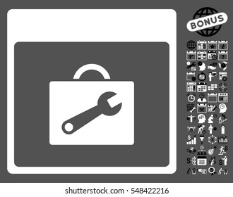 Toolbox Calendar Page pictograph with bonus calendar and time management pictograph collection. Vector illustration style is flat iconic symbols, black and white, gray background.