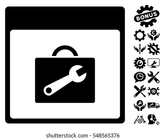 Toolbox Calendar Page pictograph with bonus settings pictures. Vector illustration style is flat iconic symbols, black, white background.