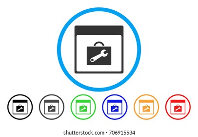 Toolbox Calendar Page vector rounded icon. Image style is a flat gray icon symbol inside a blue circle. Bonus color variants are gray, black, blue, green, red, orange.