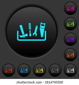 Toolbox dark push buttons with vivid color icons on dark grey background