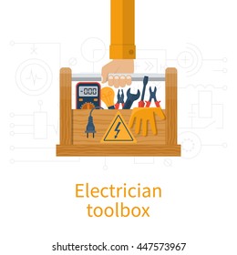 Toolbox electrician. Electricians in hand holding box of tools and equipment for repair and maintenance. Concept of electrical  service center, workshop. Vector illustration, flat design.
