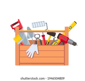 Toolbox with equipment. Wooden toolkit box with saw, drill, brush trowel and building level. House repair tools. Maintenance vector concept. Illustration box construction, equipment hammer and saw