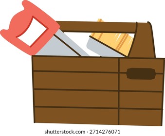 Caja de herramientas llena de sierra de mano y cepillo en un transportador de madera, líneas audaces y Formas limpias. Concepto de handyman, reparación, artesanía y equipo de mantenimiento. Ilustración vectorial de dibujos animados.