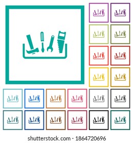 Toolbox-flache Farbsymbole mit quadratischen Rahmen auf weißem Hintergrund