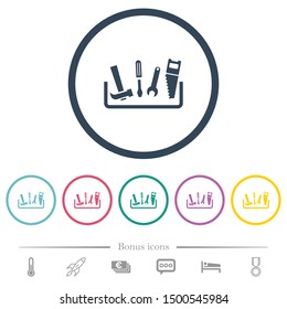 Toolbox flat color icons in round outlines. 6 bonus icons included.