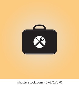 Toolbox flat vector sign. Isolated toolkit vector icon. Illustration of black bag with repair tools. Work tools menu button.