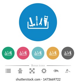 Toolbox flat white icons on round color backgrounds. 6 bonus icons included.