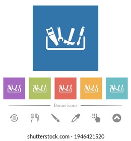 Toolbox flat white icons in square backgrounds. 6 bonus icons included.