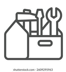 Toolbox with hammer, screwdriver and wrench line icon, repair service concept. Vector graphics. Repair tools box sign on white background, outline style icon for mobile or web design