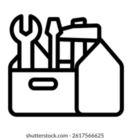 Toolbox with hammer, screwdriver and wrench line icon, repair service concept. Vector graphics. Repair tools box sign on white background, style mobile or design