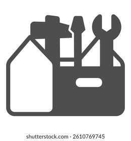 Toolbox with hammer, screwdriver and wrench solid icon, repair service concept. Vector graphics. Repair tools box sign on white background, glyph style icon for mobile or web design