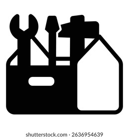 Toolbox with hammer, screwdriver and wrench solid icon, repair service concept. Vector graphics. Repair tools box sign on white background, style mobile or design