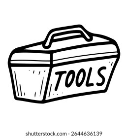 Toolbox. Hand drawn doodle vector. Handyman equipment. Plastic or metal container for storing working tools. Illustration line art element.
