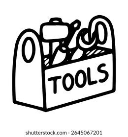 Toolbox. Hand drawn doodle vector. Handyman equipment. Plastic or metal container with working tools. Hammer, screwdriver, wrench. Illustration line art element.