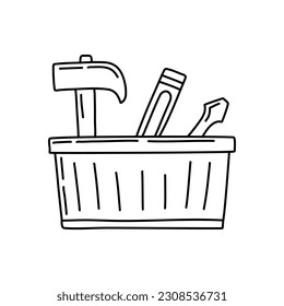 Toolbox handgezeichnet Werkzeugsymbol. Lineare Vektorgrafik aus handgezeichneter Bausammlung. Umrisswerkzeug, handgezeichnet Symbol