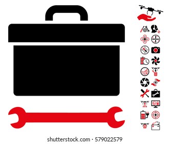Toolbox icon with bonus copter tools pictograph collection. Vector illustration style is flat iconic intensive red and black symbols on white background.