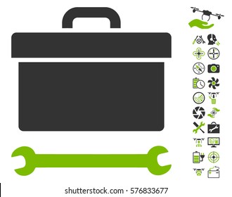 Toolbox Icon With Bonus Drone Tools Clip Art. Vector Illustration Style Is Flat Iconic Eco Green And Gray Symbols On White Background.