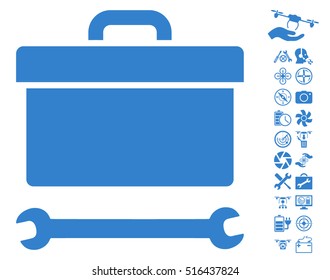 Toolbox icon with bonus flying drone service design elements. Vector illustration style is flat iconic symbols on white background.