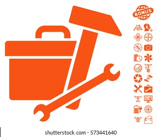 Toolbox icon with bonus flying drone tools design elements. Vector illustration style is flat iconic symbols on white background.