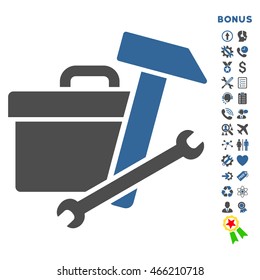 Toolbox icon with bonus pictograms. Vector style is bicolor flat iconic symbol with rounded angles, cobalt and gray colors, white background.