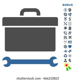 Toolbox icon with bonus pictograms. Vector style is bicolor flat iconic symbol with rounded angles, cobalt and gray colors, white background.