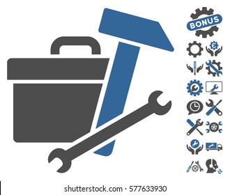 Toolbox Icon With Bonus Service Pictograms. Vector Illustration Style Is Flat Iconic Cobalt And Gray Symbols On White Background.