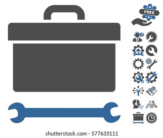 Toolbox icon with bonus setup tools symbols. Vector illustration style is flat iconic cobalt and gray symbols on white background.