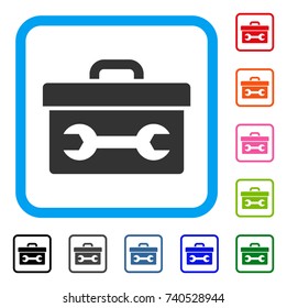Toolbox icon. Flat gray pictogram symbol in a light blue rounded rectangle. Black, gray, green, blue, red, orange color additional versions of Toolbox vector. Designed for web and app user interface.