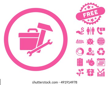 Toolbox icon with free bonus design elements. Vector illustration style is flat iconic symbols, pink color, white background.