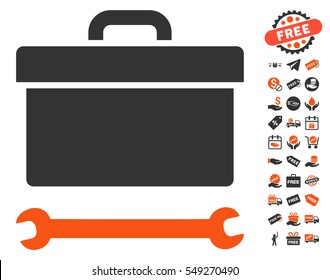 Toolbox icon with free bonus design elements. Vector illustration style is flat iconic symbols, orange and gray colors, white background.