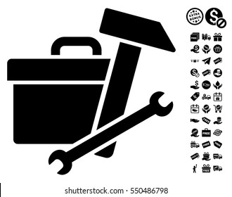 Toolbox icon with free bonus design elements. Vector illustration style is flat iconic symbols, black color, white background.