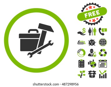 Toolbox icon with free bonus elements. Vector illustration style is flat iconic bicolor symbols, eco green and gray colors, white background.