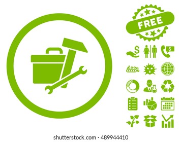 Toolbox icon with free bonus elements. Vector illustration style is flat iconic symbols, eco green color, white background.