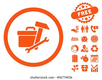 Toolbox icon with free bonus pictograph collection. Vector illustration style is flat iconic symbols, orange color, white background.