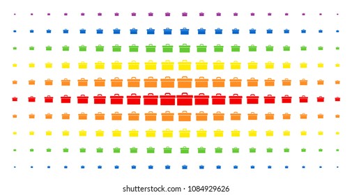 Toolbox icon rainbow colored halftone pattern. Vector toolbox pictograms are arranged into halftone grid with vertical spectral gradient. Constructed for backgrounds, covers,