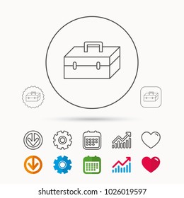 Toolbox icon. Repair instruments sign. Calendar, Graph chart and Cogwheel signs. Download and Heart love linear web icons. Vector