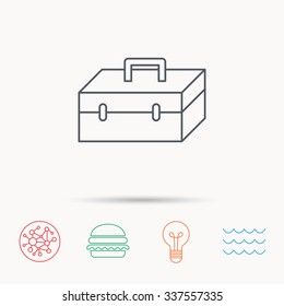 Toolbox icon. Repair instruments sign. Global connect network, ocean wave and burger icons. Lightbulb lamp symbol.