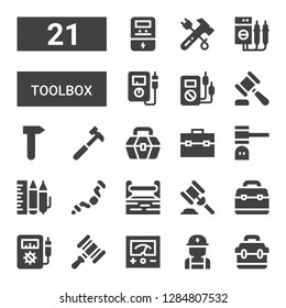 toolbox icon set. Collection of 21 filled toolbox icons included Toolbox, Electrician, Voltmeter, Hammer, Ratchet, Design tool