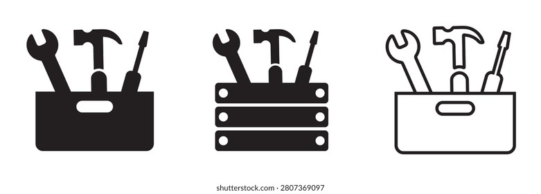 Toolbox Icon Set – Outline, Solid Glyph and Line Vector Handy Tool Box Repair Symbols Isolated on Transparent Background