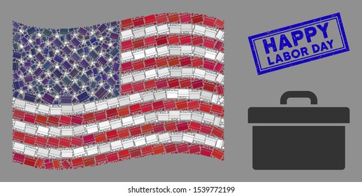 Toolbox icons are arranged into USA flag abstraction with blue rectangle grunge stamp watermark of Happy Labor Day phrase. Vector concept of American waving flag is designed of toolbox icons.