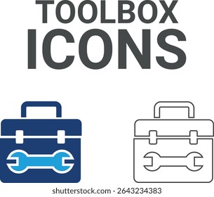 Toolbox icons, Line art icnos Containing fix, home, car repair, maintenance, toolbox, and repairman service icons. Solid icon collection. Vector illustration.