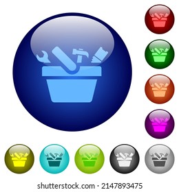 Toolbox icons on round glass buttons in multiple colors. Arranged layer structure