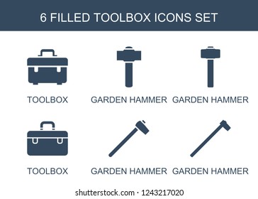 toolbox icons. Set of 6 filled toolbox icons included garden hammer on . Editable toolbox icons for web, mobile and infographics.