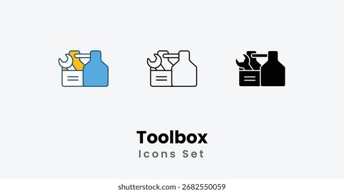 Toolbox Icons thin line, Black Glyph, Colored Line vector icon stock illustration
