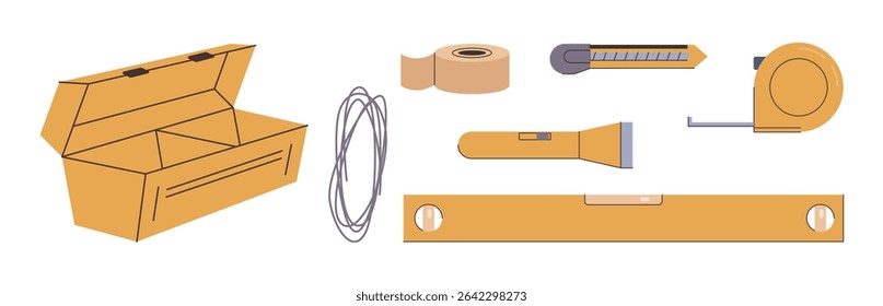 Toolbox with instruments for handyman. Vector in flat style, isolated set of essential equipment for worker. Wire and measuring tape, spirit level and knife, flashlight for better visibility