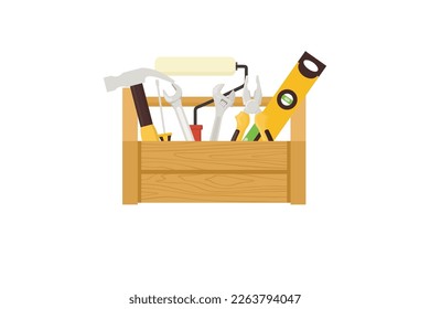 Toolbox with instruments inside. Includes hammer, screwdriver, saw, file, brush, ruler, roller, brush. Flat style kit. Workman's toolkit. Tool chest with hand tools. Workbox in flat style.